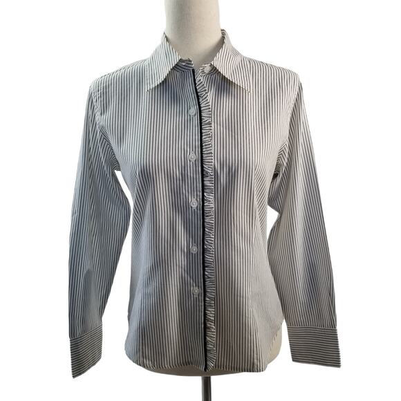Talbots White Black Stripe Ruffle Button Down Excellent Size 8 - Picture 1 of 8